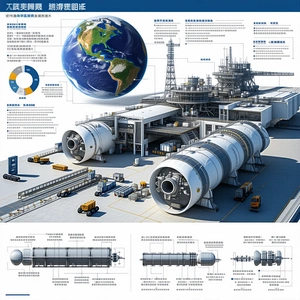 A Large Poster Is Displayed, Featuring A Large Image Of A Factory With A Large Globe In The Center