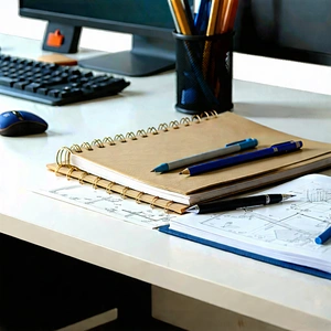 Business Advertising Photography: Workplace with notebooks and pens on desk