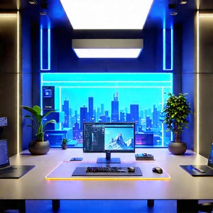 (futuristic:1.42) tech startup office