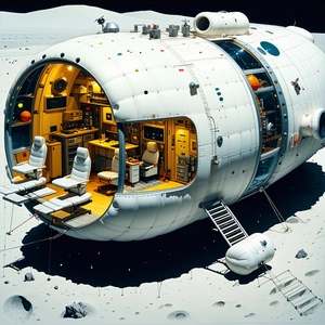 A Large White Spacecraft Is Shown In A Space Station, With A Large Round Window On The Side