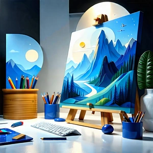 Tech Acrylic Painting: (futuristic:1.22) digital workspace