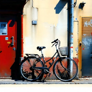 Urban Pastel Drawing: City Bicycle Sharing In Quiet Side Street With Black Bicycle