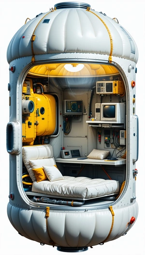 In This Image, There Is A Futuristic-looking Room With A Bed And A Desk
