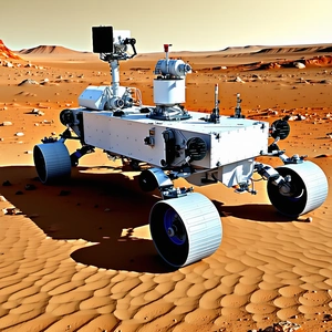 A White Robotic Vehicle, Possibly A Rover, Sitting On A Dirt Surface In A Desert-like Environment