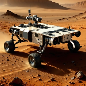 A Robotic Vehicle Is Sitting On A Rocky Surface, Possibly A Desert