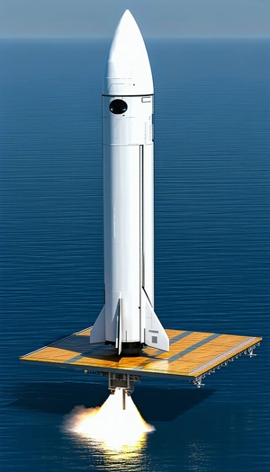 A Large White Rocket Ship Floating On A Wooden Platform In The Ocean