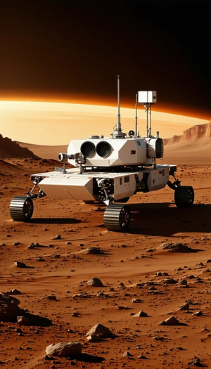 A White Robotic Vehicle Is Parked On A Red Dirt Surface, Which Appears To Be A Desert