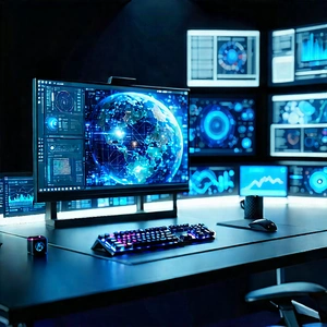 (futuristic:1.28) (digital:1.25) Workspace With Desk Computer