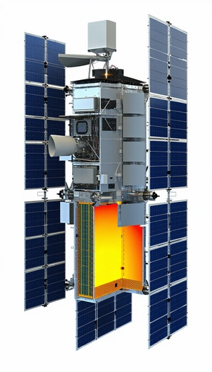 A Large Spacecraft Is Shown In A White And Blue Color Scheme