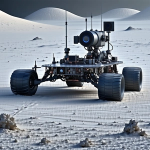 A Large Robotic Vehicle, Possibly A Rover, Driving Across A Snowy Surface
