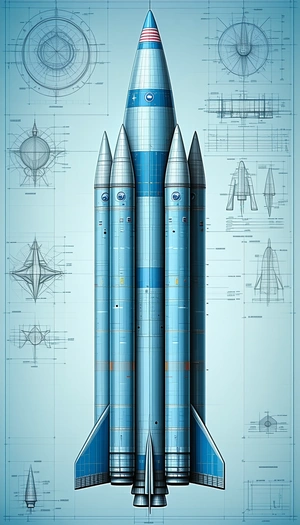 A Blue Rocket Ship Is Shown In A Blueprint Drawing