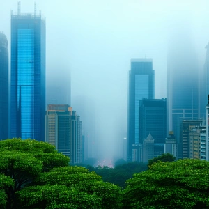 Urban Advertising Photography: Cityscape Of Downtown District During Foggy Morning With Cityscape Large