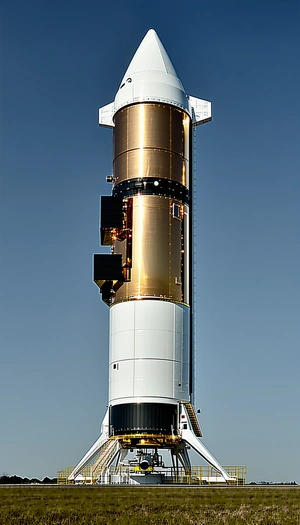 A Large, White Rocket Ship With A Gold-colored Top, Standing Tall In The Sky