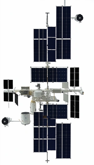The Image Is A White Background With A Space Station Model Displayed On It