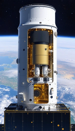 A Large White Spacecraft Is Shown In A Close-up View