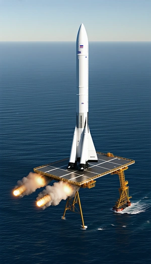 A Large Rocket Ship Floating On Top Of A Yellow Platform In The Ocean