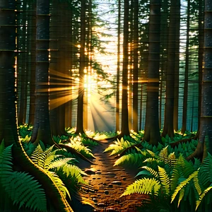 Nature Digital Illustration: Forest Scene During Golden Hour With Sunny Forest,
