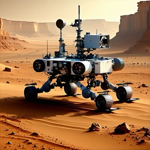 A Robotic Vehicle Is Sitting On A Dirt Surface, Possibly In A Desert