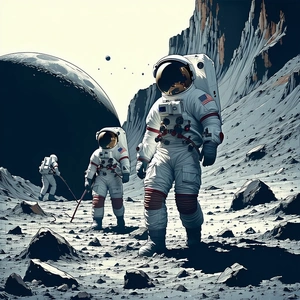 In The Image, There Are Three Astronauts Standing On A Rocky Surface, Possibly On The Moon