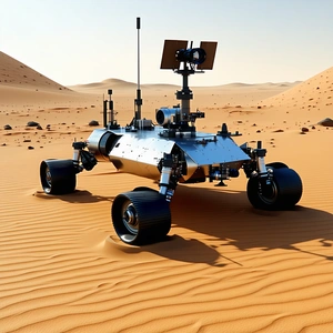 A Large, Silver Robotic Vehicle With Four Wheels, Sitting In A Desert-like Environment
