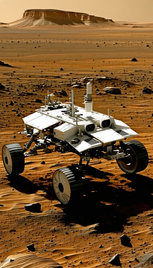 A White Robotic Vehicle, Possibly A Rover, Driving Across A Sandy Terrain
