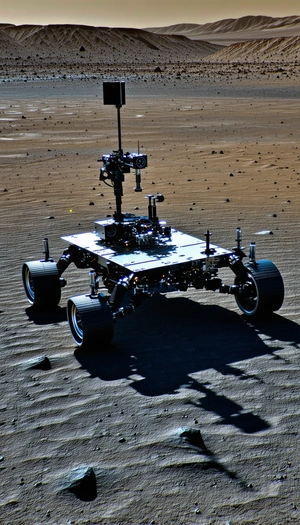 A Robotic Vehicle, Possibly A Rover, Sitting On A Sandy Surface