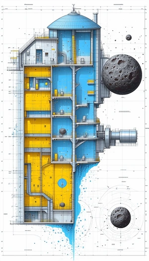 A Large, Yellow And Blue Building Is Shown In A Drawing