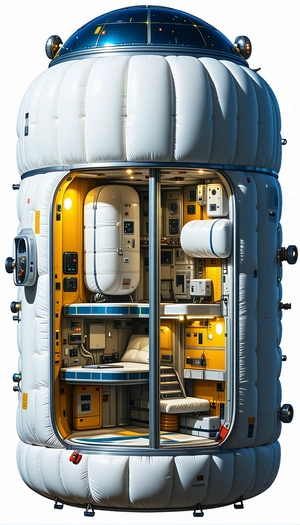 In The Image, There Is A Large White Spacecraft With A Variety Of Rooms And Compartments