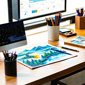 Business Gouache Painting: Workplace with productivity tools on desk