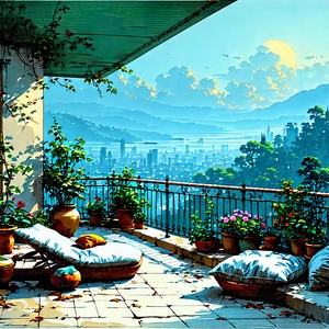 Lifestyle Etching: Balcony Garden With Comfortable Textiles With Painting Beautiful