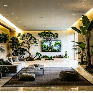 Lifestyle Architectural Photography: Cozy Living Room With Plants And Natural Elements With Spacious Living