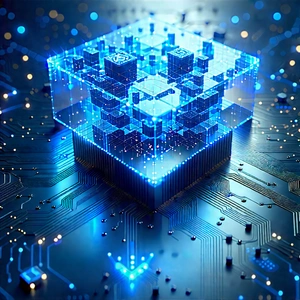Blockchain Network Visualization With Blue, Three-dimensional