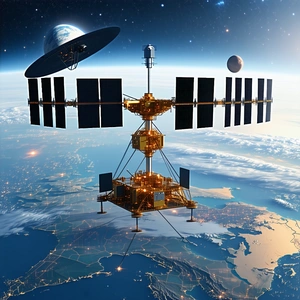 A Large Satellite Dish With A Space Station On Top Of It