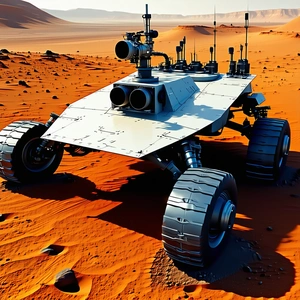 A Futuristic Vehicle Is Parked On A Red Dirt Surface, Possibly On Mars