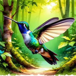 Nature Ink Drawing: Hummingbird In Forest Environment With Colorful Bird