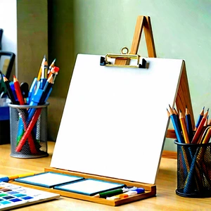 Business Gouache Painting: Workplace with (modern:1.48) office supplies on desk