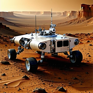 A Futuristic Vehicle, Possibly A Rover Or A Spacecraft, Parked On A Dirt Surface