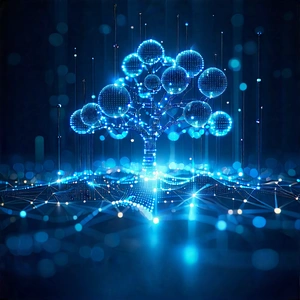 Tech Long Exposure Photography: Blockchain Network Visualization With Blue Tree