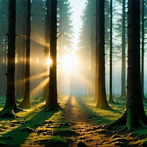 Nature Lithograph: Forest Scene During Sunrise With Serene Forest