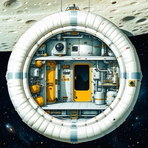 In The Image, There Is A Large Spacecraft With A White And Blue Exterior