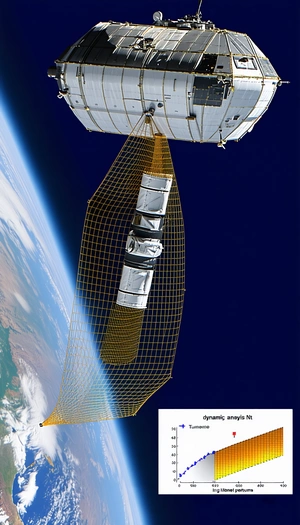 A Large, White Satellite Suspended In The Air By A Series Of Cables