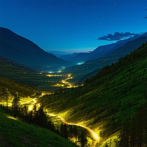 Nature Technical Illustration: Valley During Night With Beautiful Mountain