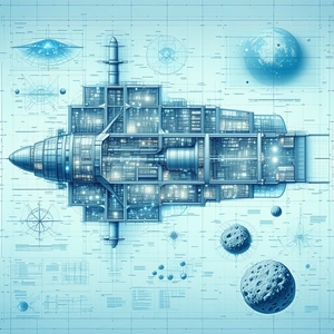 A Blue And White Drawing Of A Space Ship Is Displayed