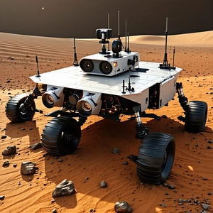 A White Robotic Vehicle, Possibly A Rover, Sitting On A Rocky Surface