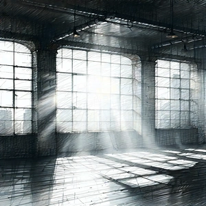 Urban Pencil Sketch: Urban loft with dramatic lighting