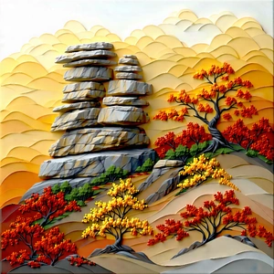Nature Gouache Painting: Rock Formation In Autumn Colors With Rocky Landscape