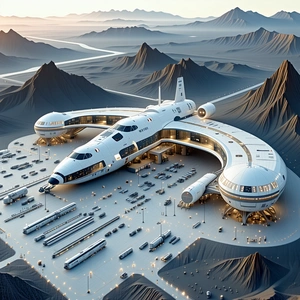 A Futuristic Airport With A Large White Airplane Parked In The Middle Of The Scene