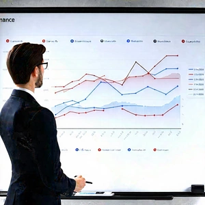 Business Commercial Photography: Finance professional using (digital:1.42) whiteboard
