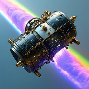 A Futuristic Spacecraft Is Shown In A Blue And Gold Color Scheme