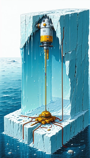 The Image Is A Cartoon Drawing Of A Yellow Drilling Machine On A Frozen Iceberg